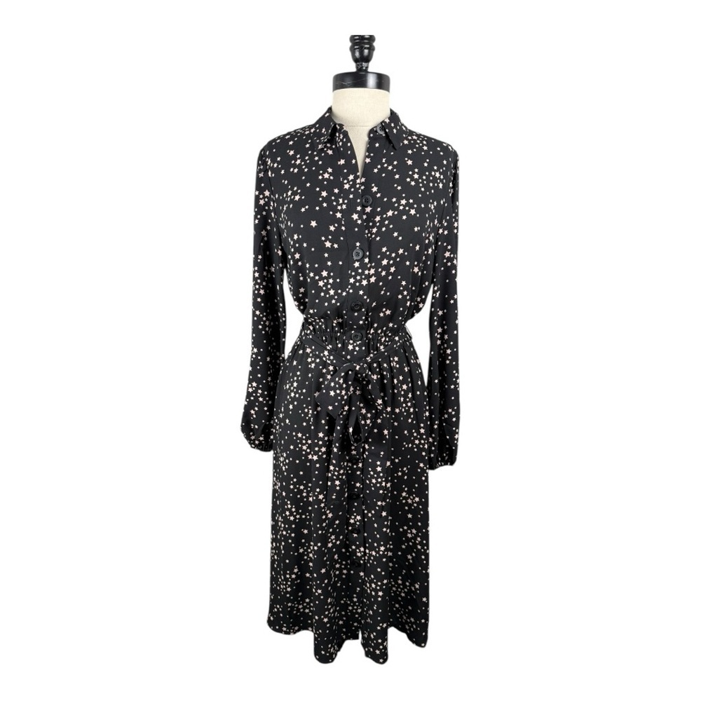Kate Spade New York Star Print Shirt Dress Black Pink Tie Waist Ruffle Hem NWT 6 - Picture 2 of 11